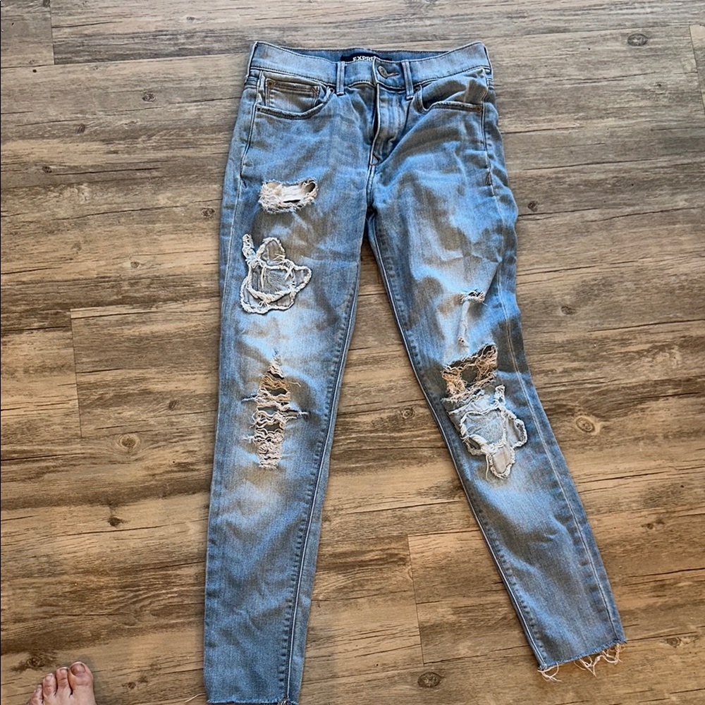 Express Distressed Skinny Jeans Light Wash Raw Hem Destroyed Denim Y2K